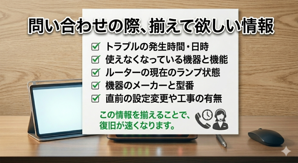 問い合わせの際揃えて欲しい情報